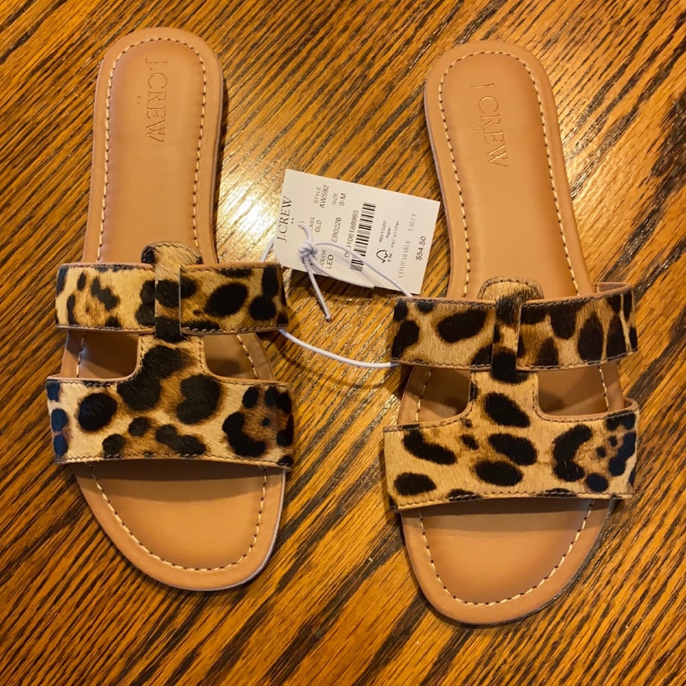 JCrew Leopard print calf hair slide sandals.